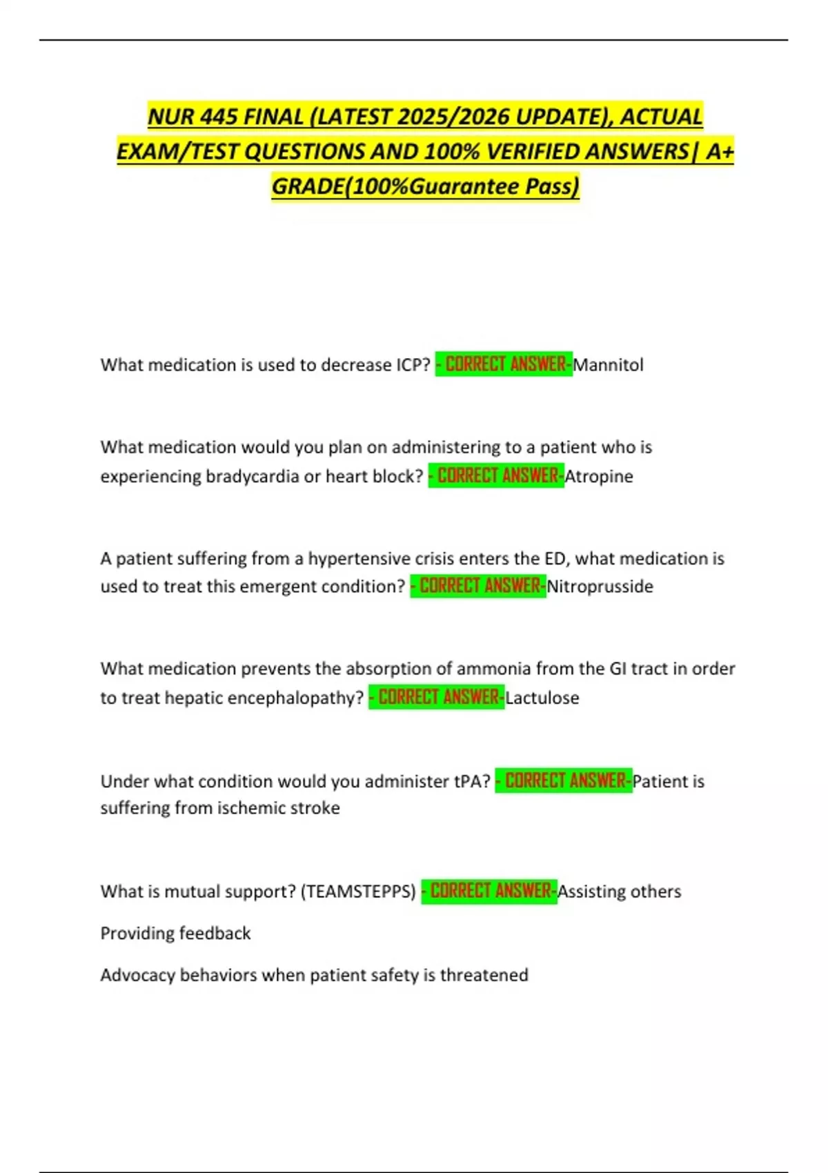 NUR 445 FINAL (LATEST 2025/2026 UPDATE), ACTUAL EXAM/TEST QUESTIONS AND ...