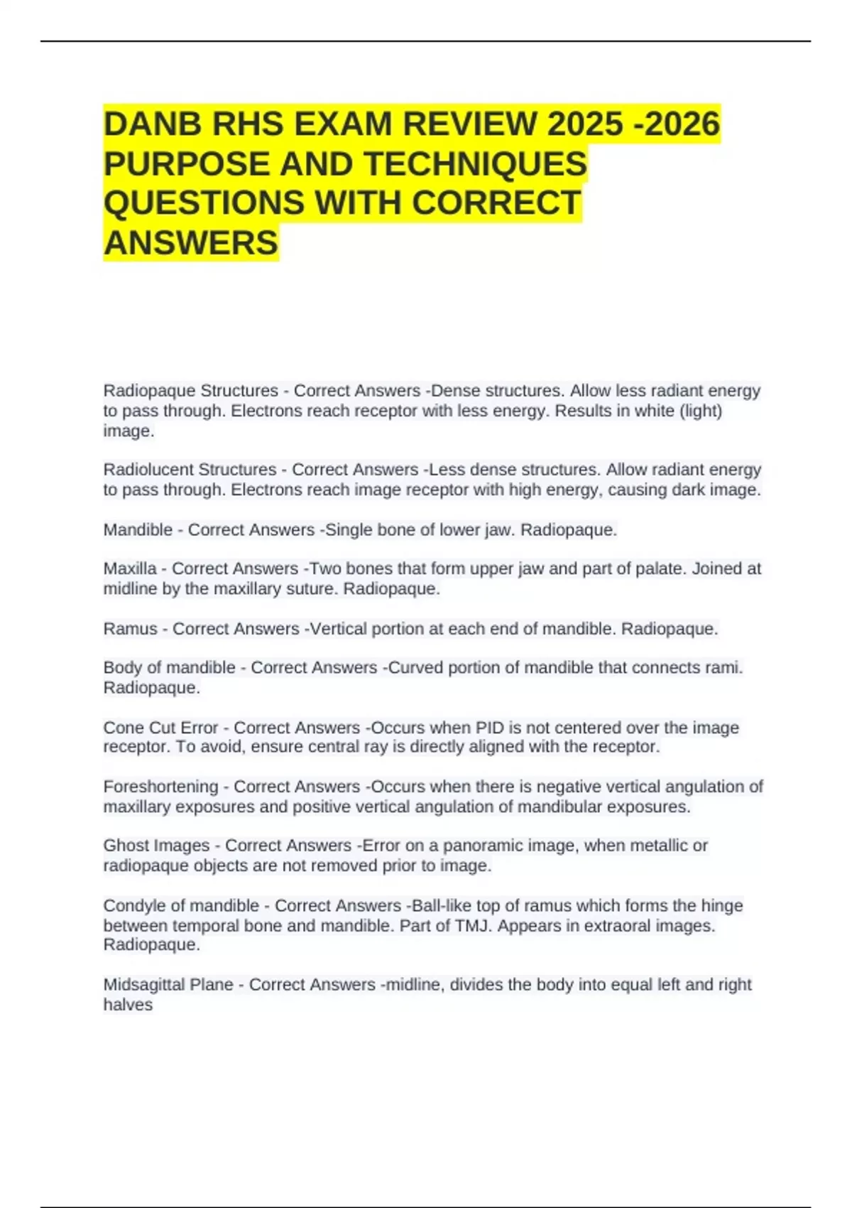 DANB RHS EXAM REVIEW PURPOSE AND TECHNIQUES QUESTIONS WITH CORRECT ...
