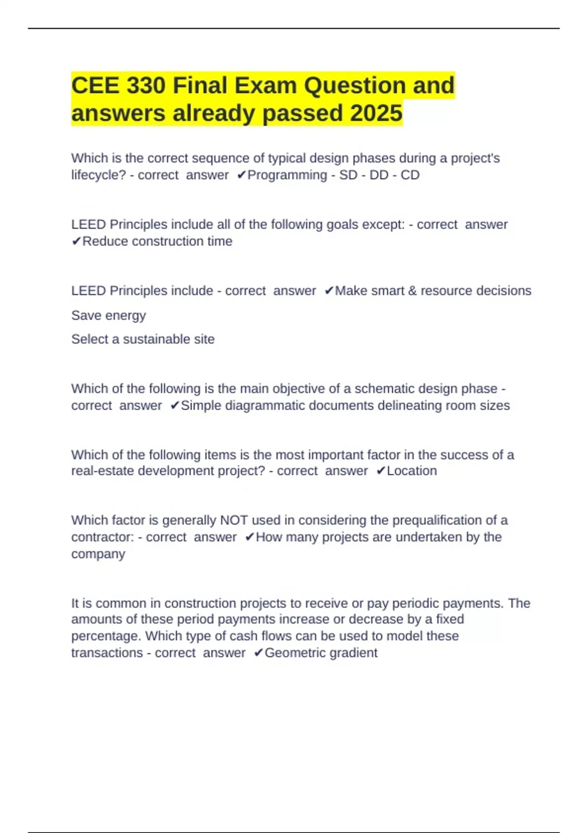 CEE 330 Final Exam Question and answers already passed 2025 - CEE 330 ...