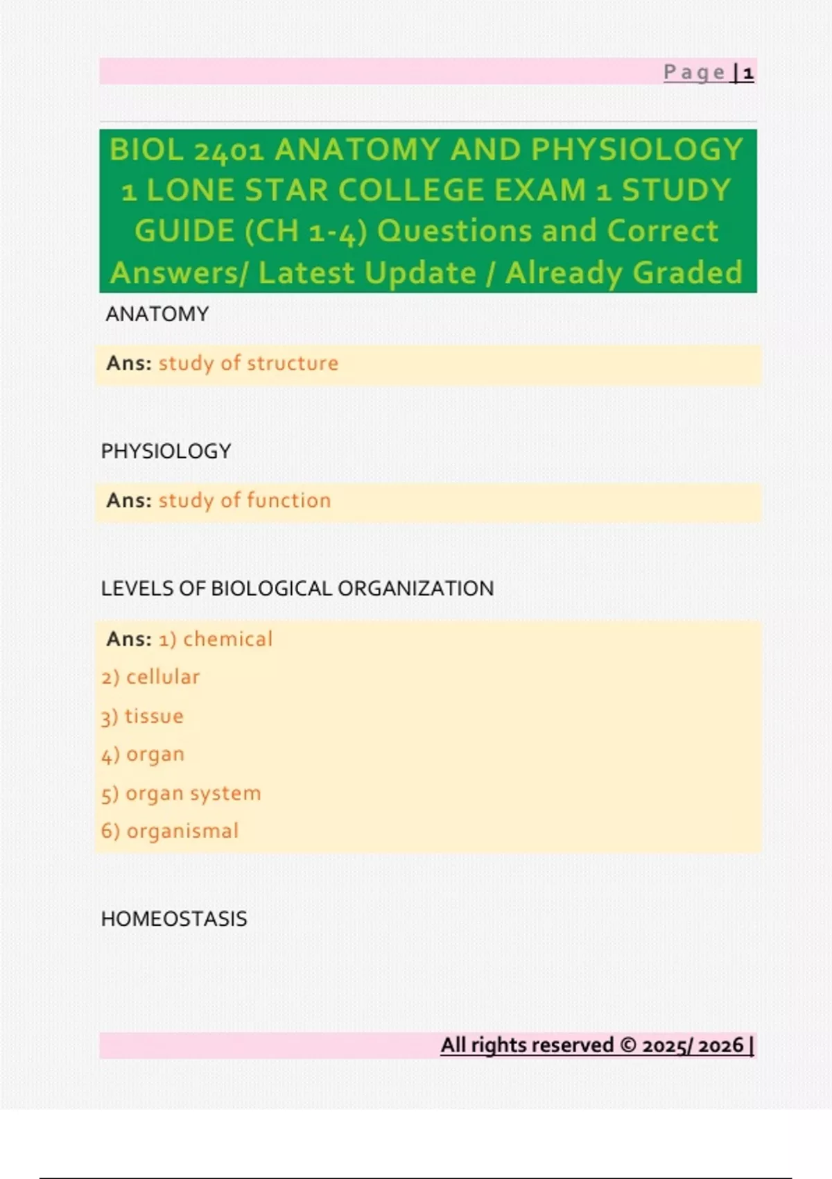 BIOL 2401 ANATOMY AND PHYSIOLOGY 1 LONE STAR COLLEGE EXAM 1 STUDY GUIDE ...