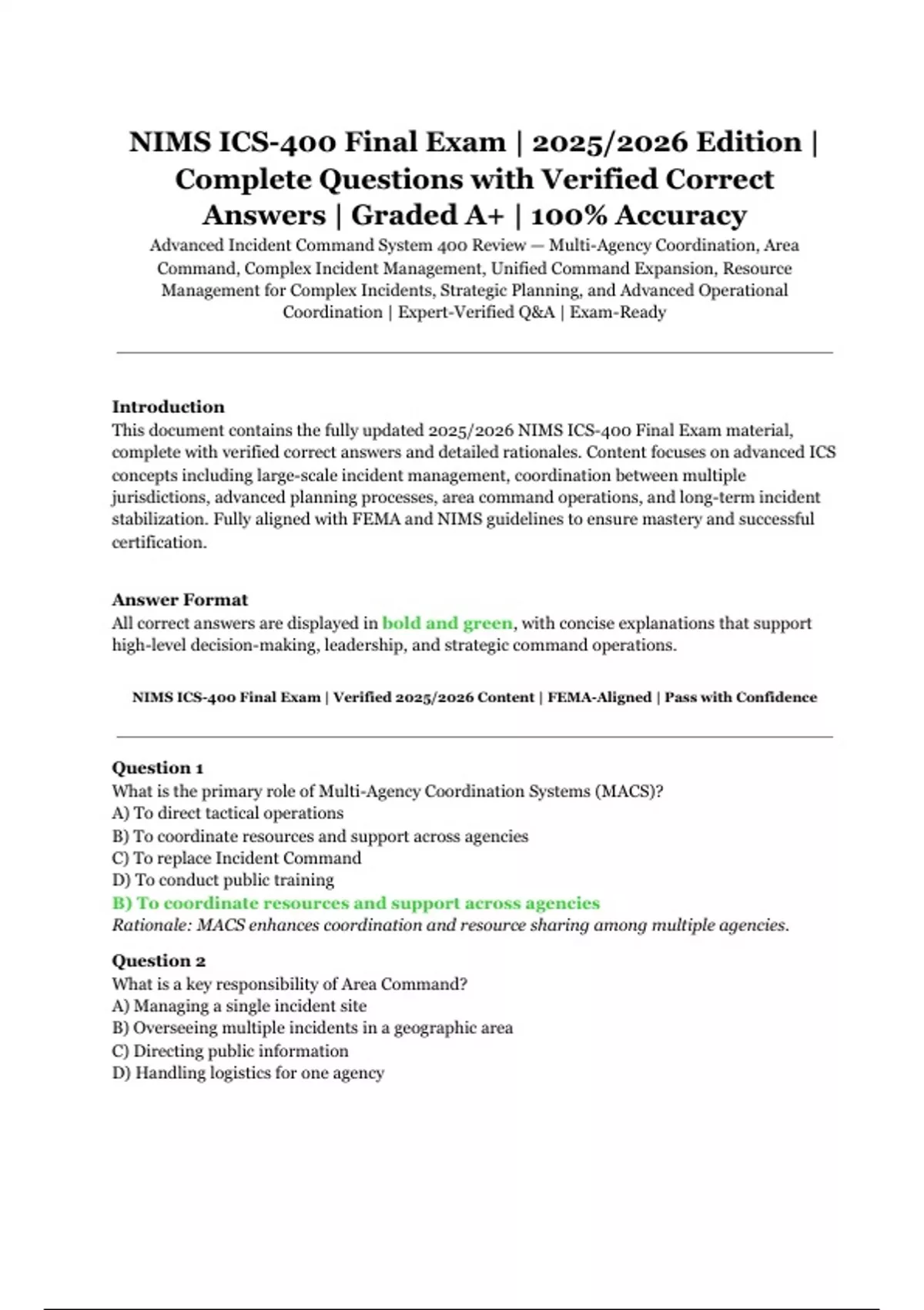 NIMS ICS-400 Final Exam 2025/2026 – Complete Questions with Verified ...