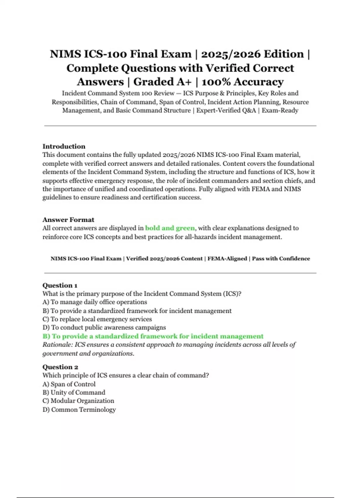 NIMS ICS-100 Final Exam 2025/2026 – Complete Questions with Verified ...