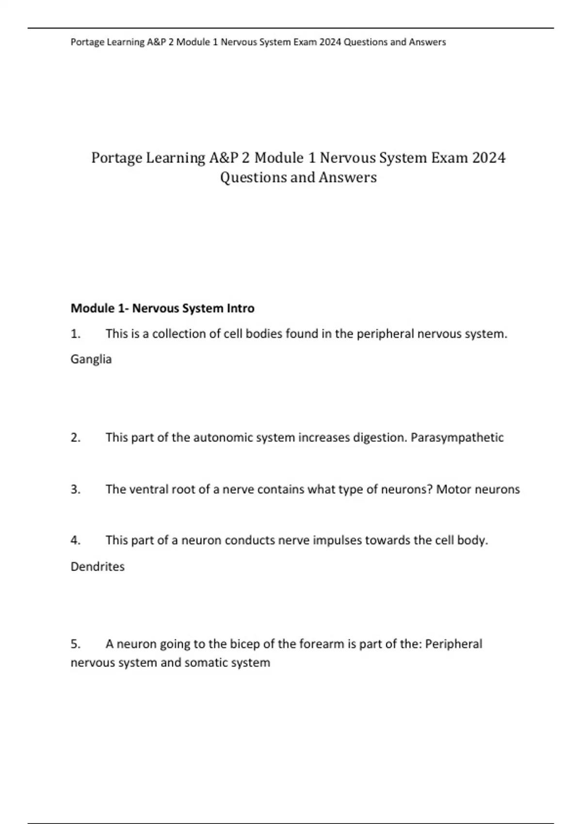 Portage Learning A&P 2 Module 1 Nervous System Exam 2024 Questions and ...