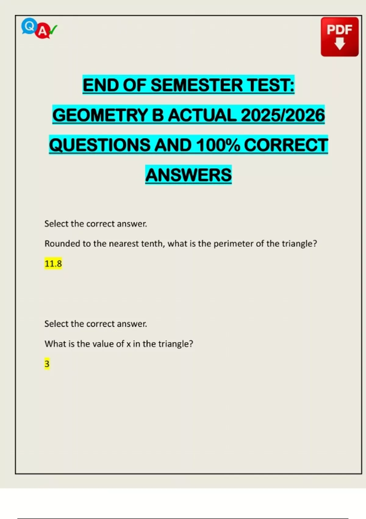 END OF SEMESTER TEST: GEOMETRY B ACTUAL 2025/2026 QUESTIONS AND 100% CORRECT ANSWERS - END OF ...