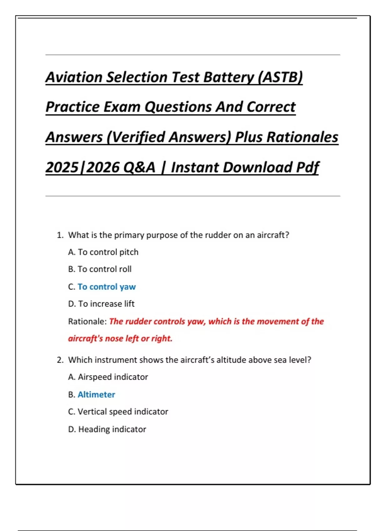 Aviation Selection Test Battery (ASTB) Practice Exam Questions And ...