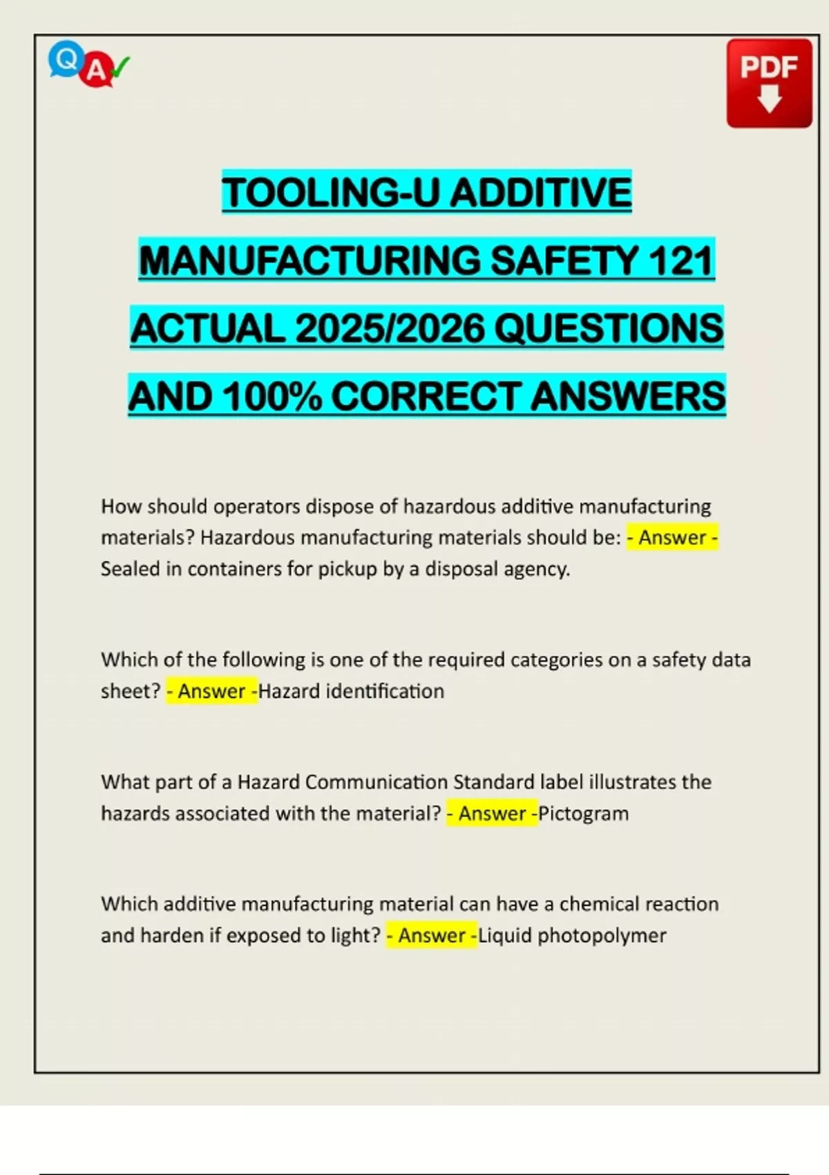 TOOLING-U ADDITIVE MANUFACTURING SAFETY 121 ACTUAL 2025/2026 QUESTIONS ...