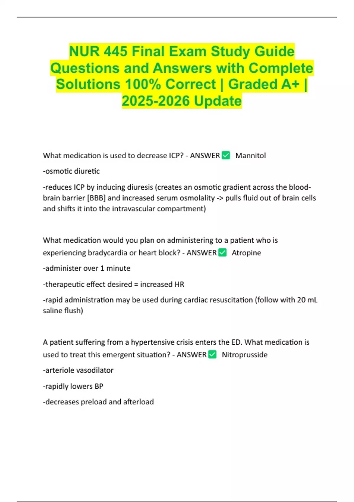 NUR 445 Final Exam Study Guide Questions and Answers with Complete ...