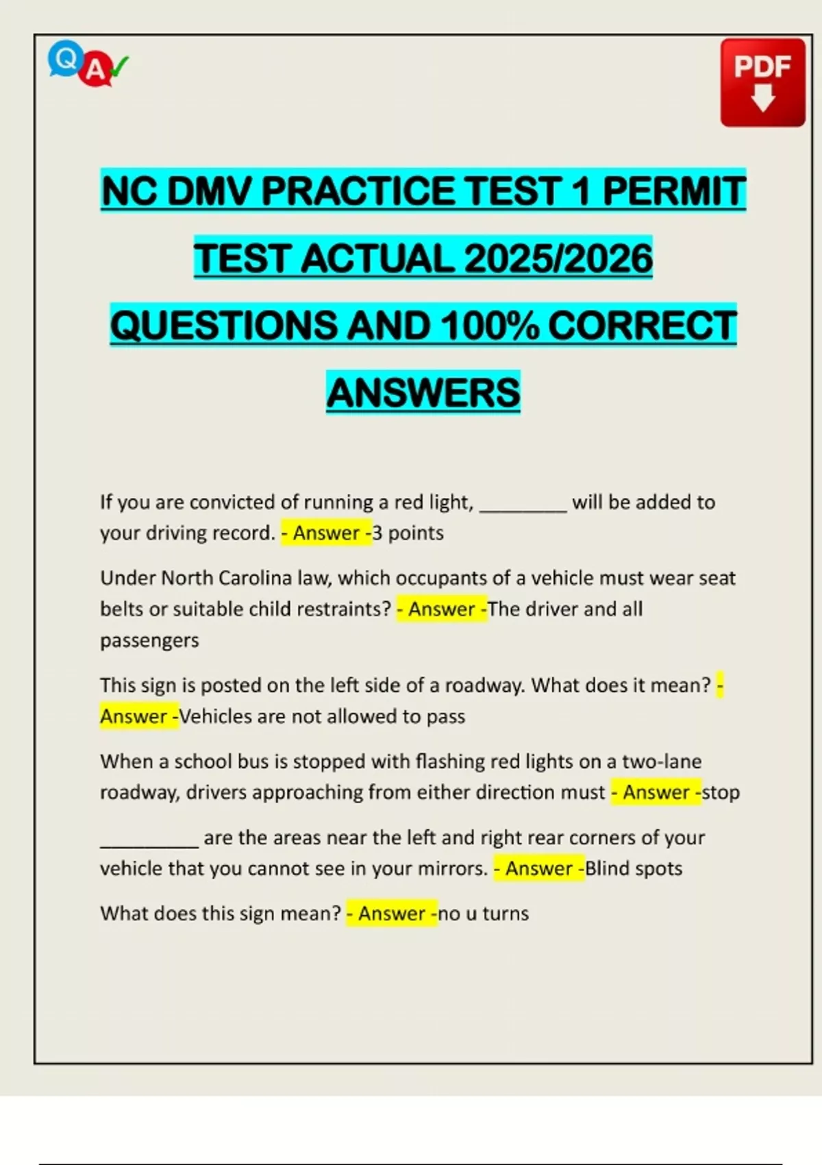 NC DMV PRACTICE TEST 1 PERMIT TEST ACTUAL 2025/2026 QUESTIONS AND 100% ...
