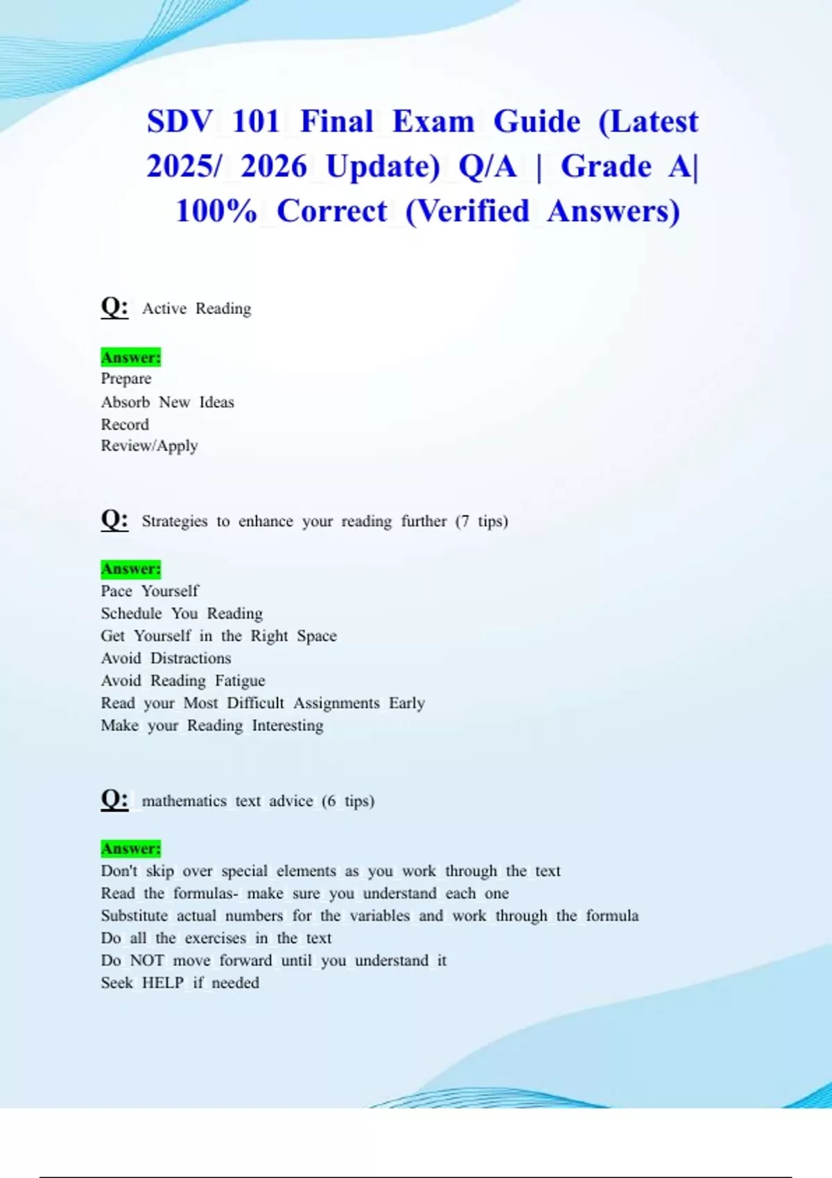 SDV 101 Final Exam Guide (Latest 2025/ 2026 Update) Q/A | Grade A| 100% ...