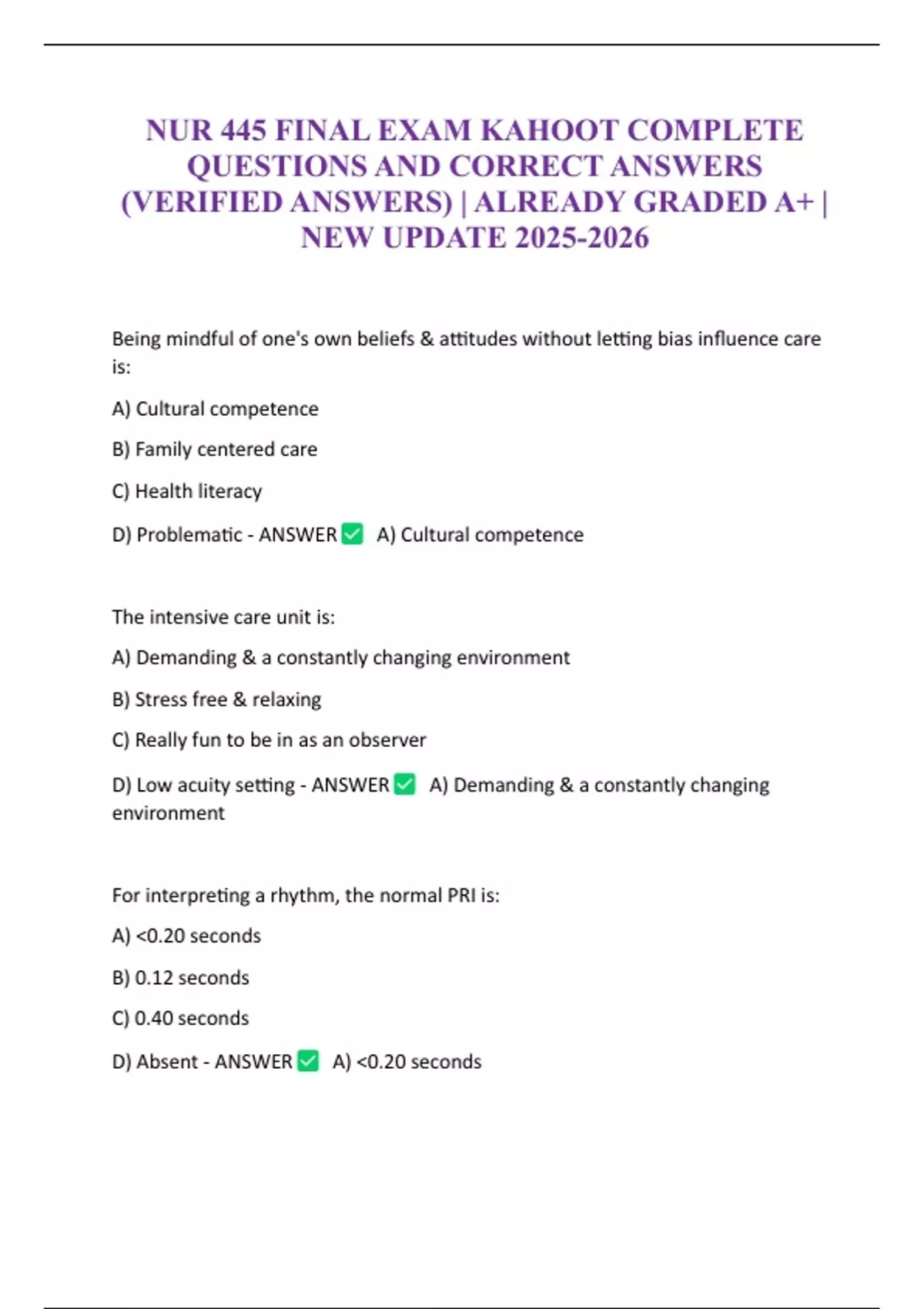 NUR 445 FINAL EXAM KAHOOT COMPLETE QUESTIONS AND CORRECT ANSWERS ...