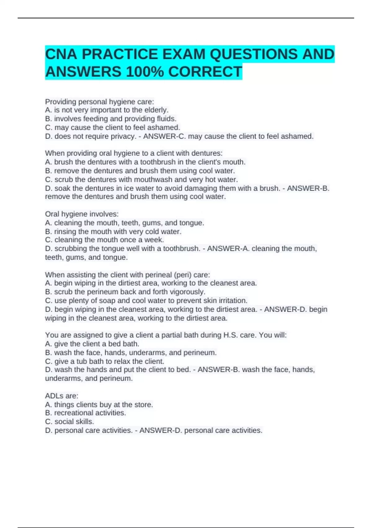 CNA PRACTICE EXAM QUESTIONS AND ANSWERS 100% CORRECT - Cna - Stuvia US