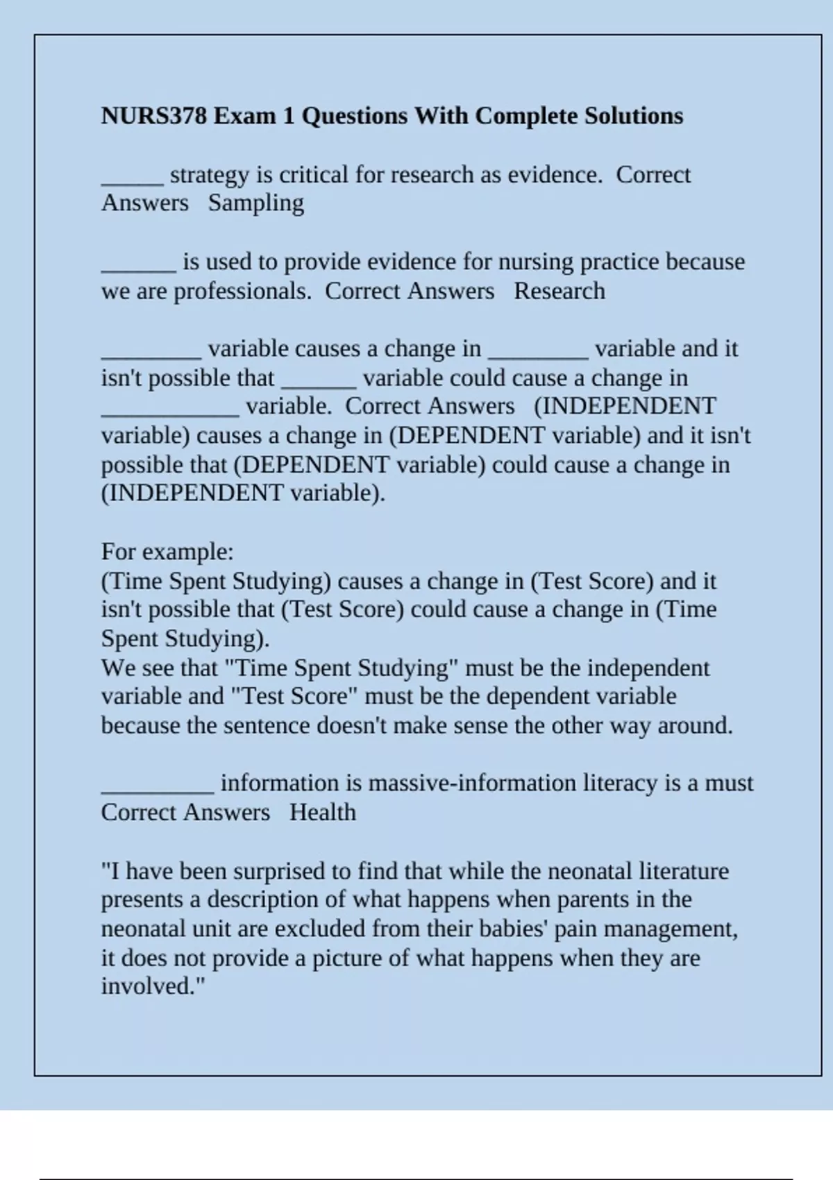NURS378 Exam 1 Questions With Complete Solutions - NURS 378 - Stuvia US