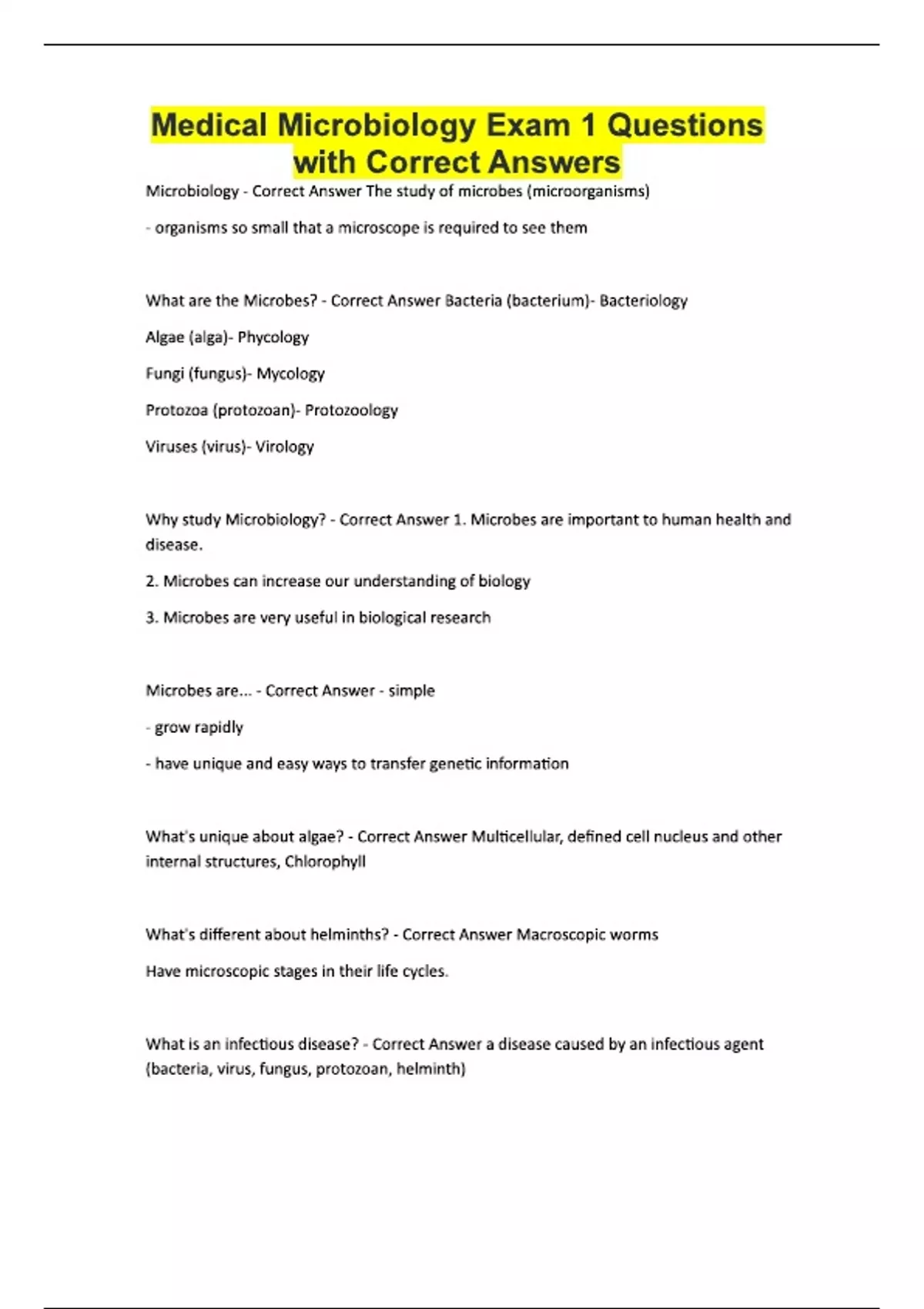 Medical Microbiology Exam 1 Questions with Correct Answers - Medical ...