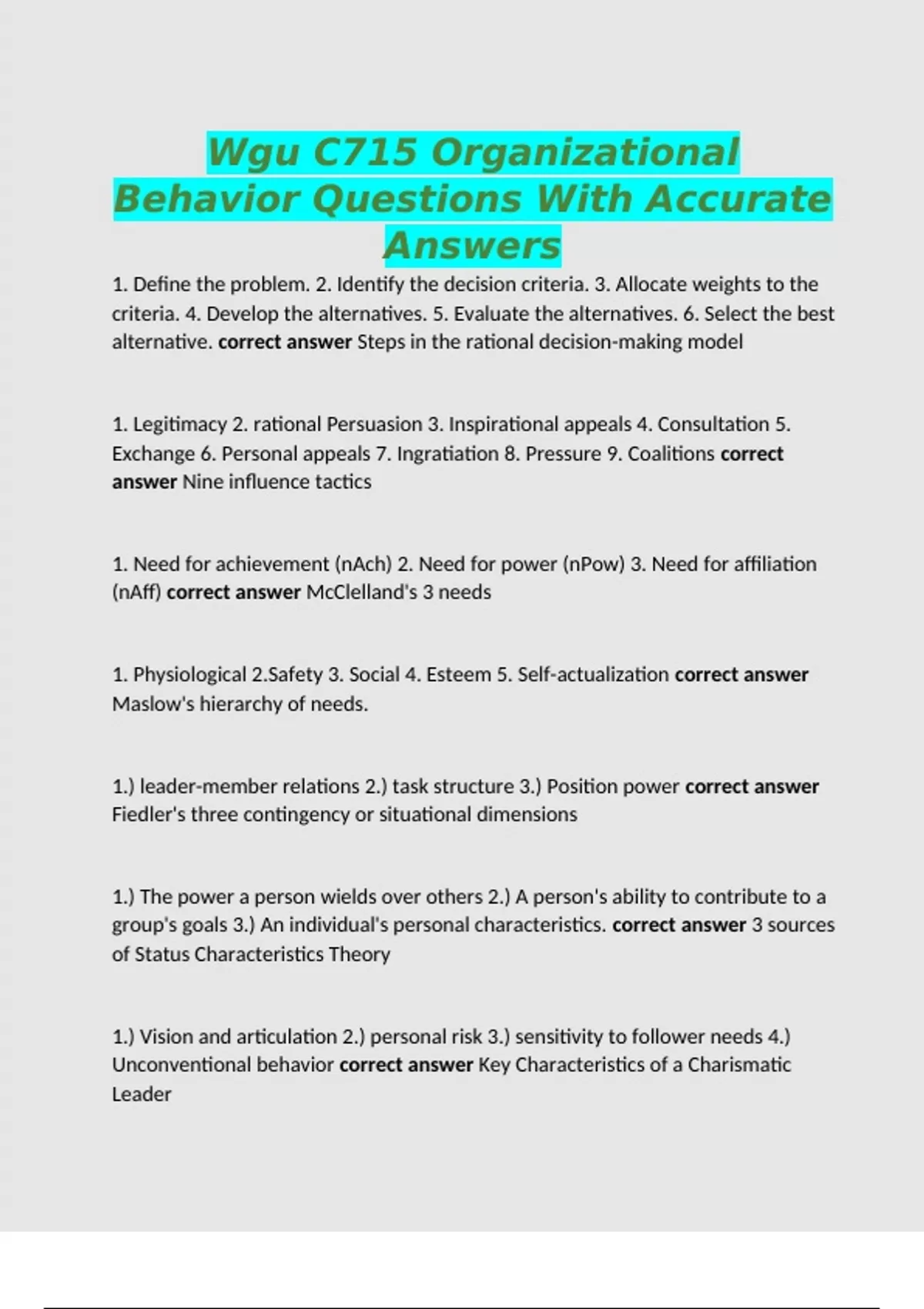 Wgu C715 Organizational Behavior Questions With Accurate Answers ...
