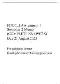 FIN3701 Assignment 1 Semester 2 Memo (COMPLETE ANSWERS) Due 21 August 2025