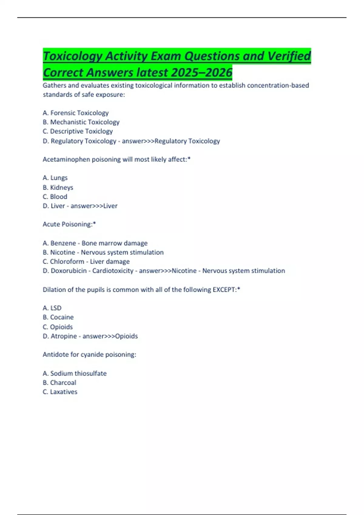 Toxicology Activity Exam Questions and Verified Correct Answers latest ...