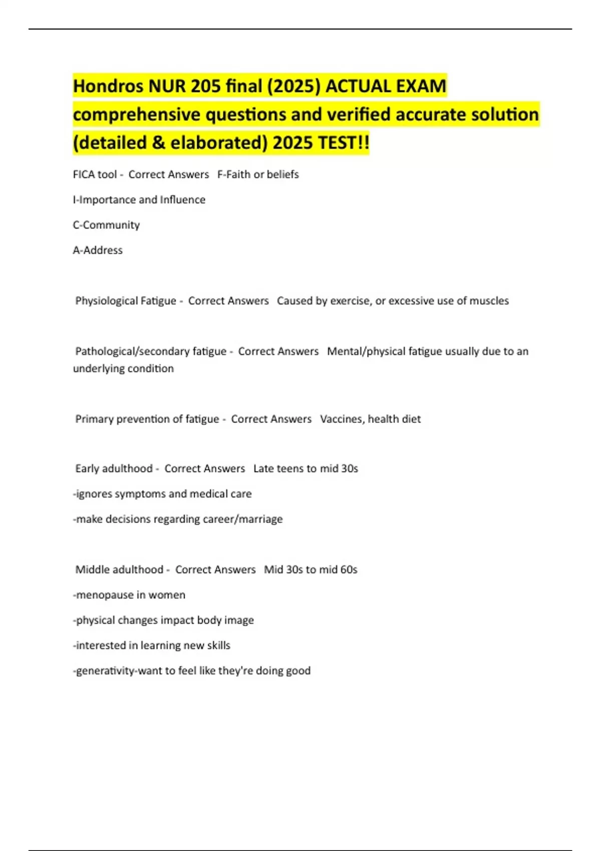 Hondros NUR 205 final (2025) ACTUAL EXAM comprehensive questions and ...