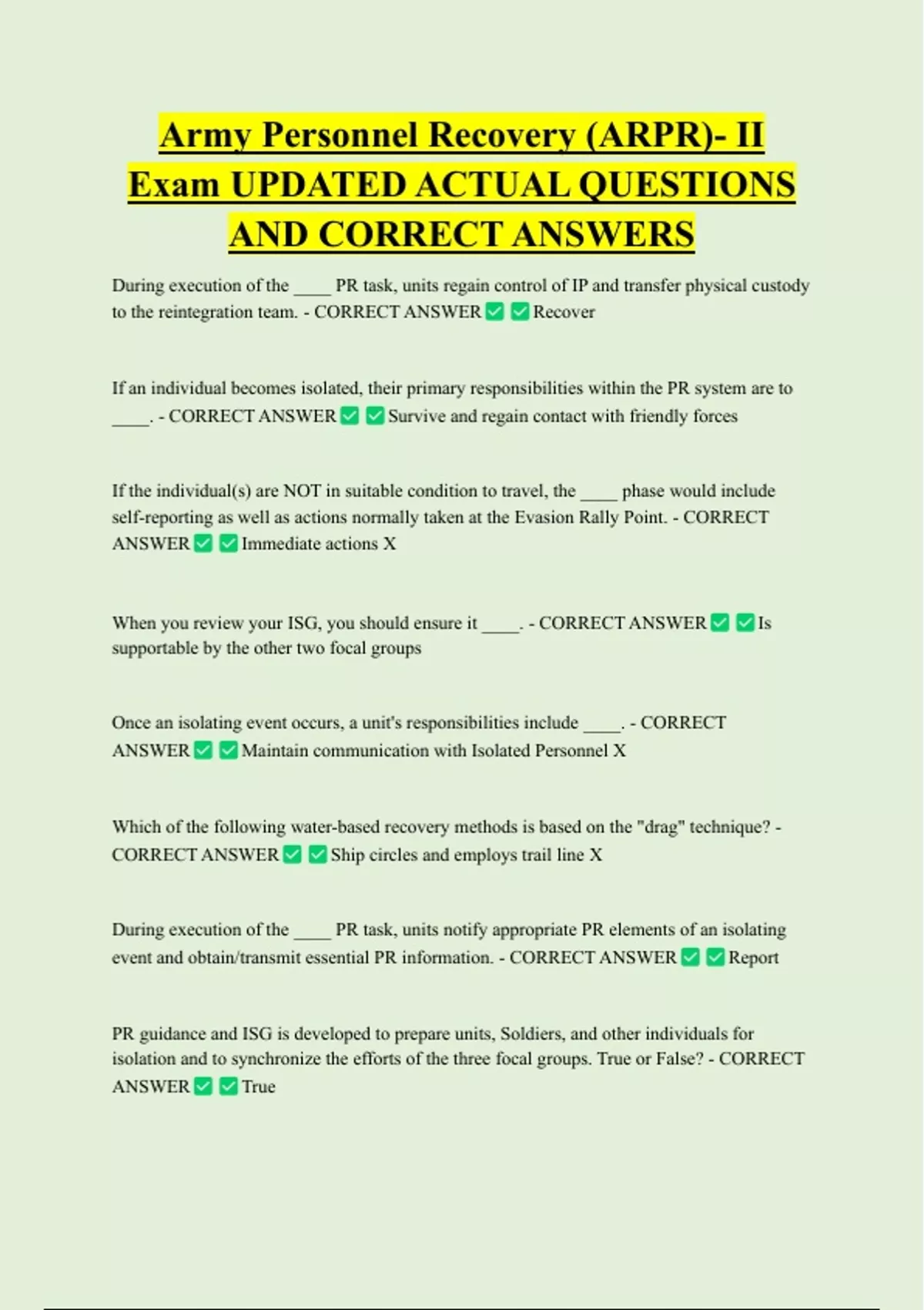 Army Personnel Recovery (ARPR)- II Exam UPDATED ACTUAL QUESTIONS AND ...