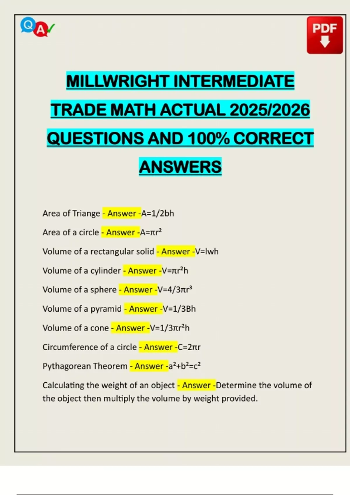 Millwright Sample Math Problem MILLWRIGHT INTERMEDIATE TRADE MATH ACTUAL 2025/2026 QUESTIONS AND 100% ...