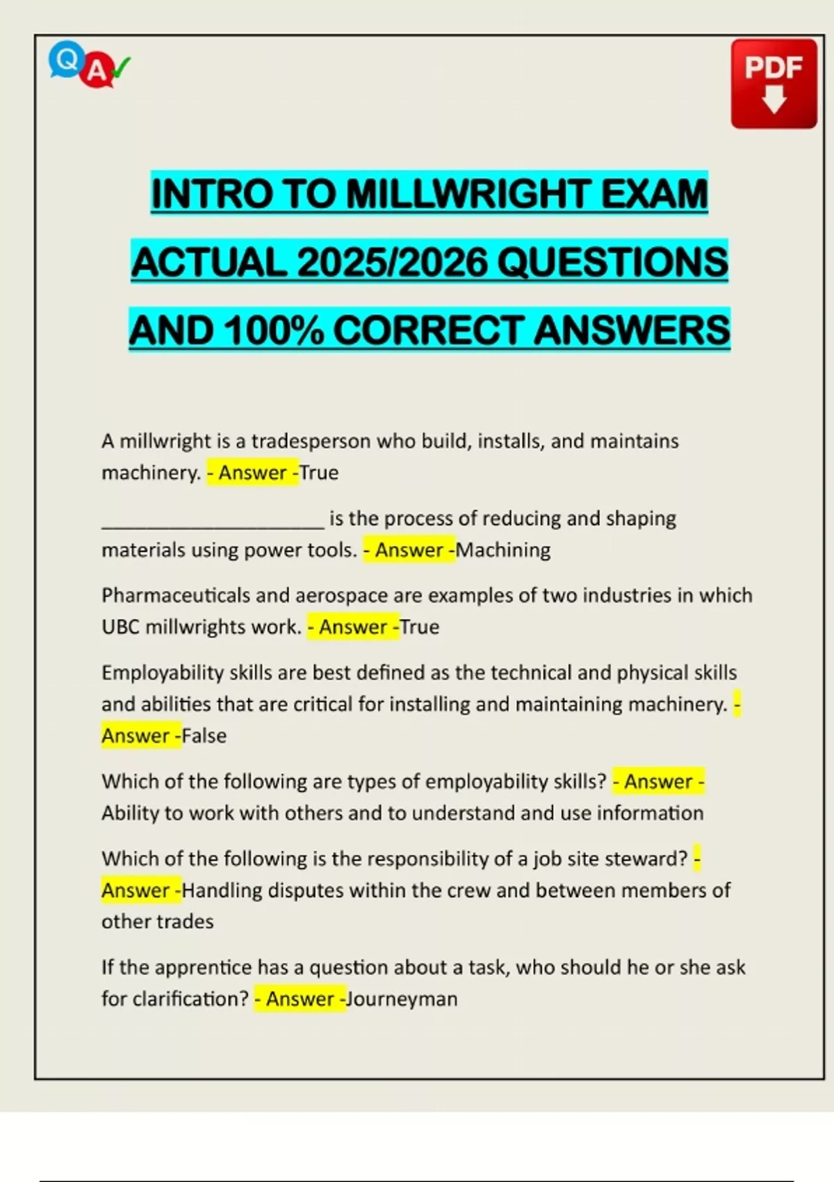 INTRO TO MILLWRIGHT EXAM ACTUAL 2025/2026 QUESTIONS AND 100% CORRECT ...