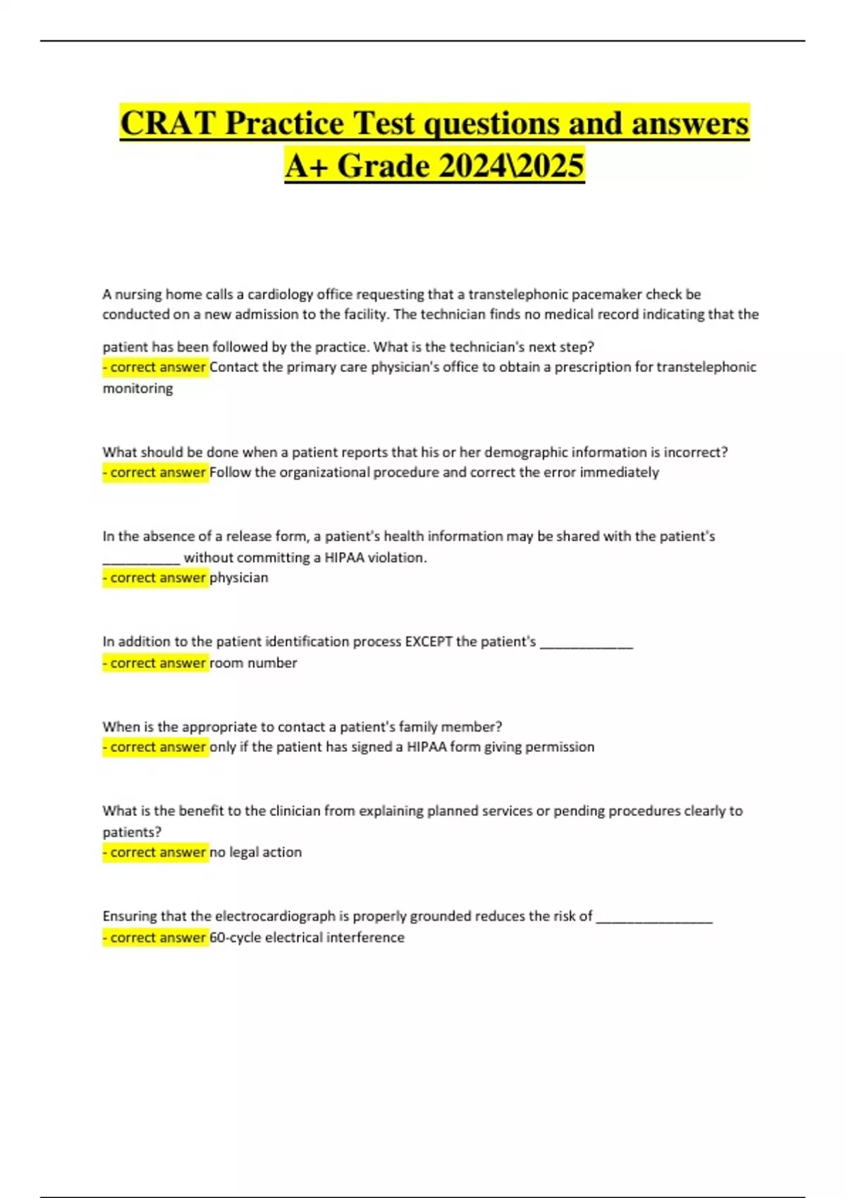 CRAT Practice Test Questions and Answers | Graded A+ Latest Exam ...