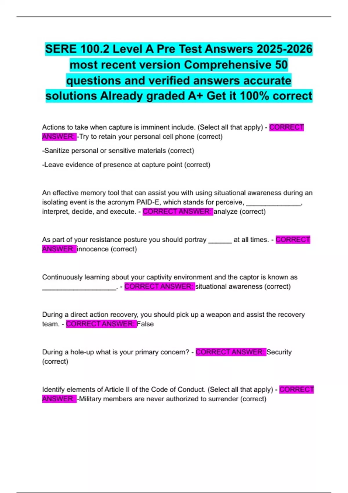 SERE 100.2 Level A Pre Test Answers most recent version Comprehensive ...