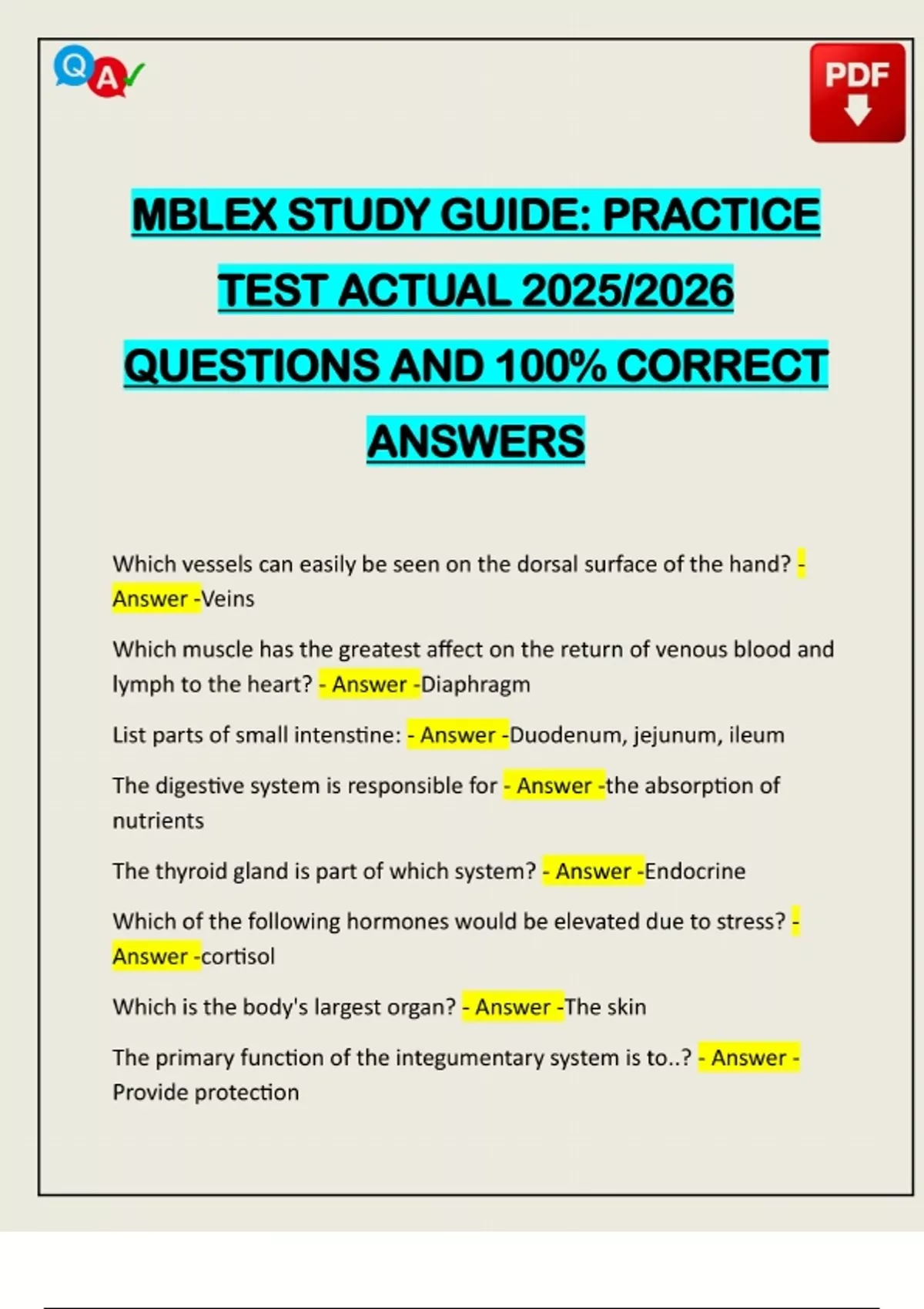 MBLEX STUDY GUIDE PRACTICE TEST ACTUAL 2025/2026 QUESTIONS AND 100