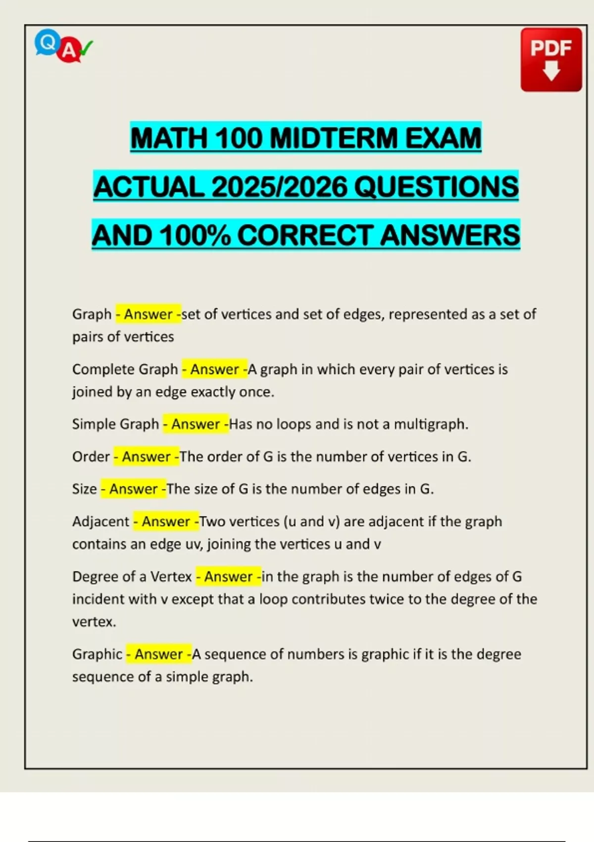 MATH 100 MIDTERM EXAM ACTUAL 2025/2026 QUESTIONS AND 100% CORRECT ...