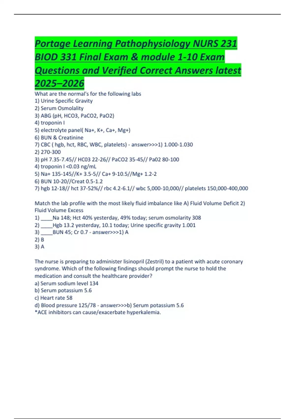 Portage Learning Pathophysiology NURS 231 BIOD 331 Final Exam & module ...