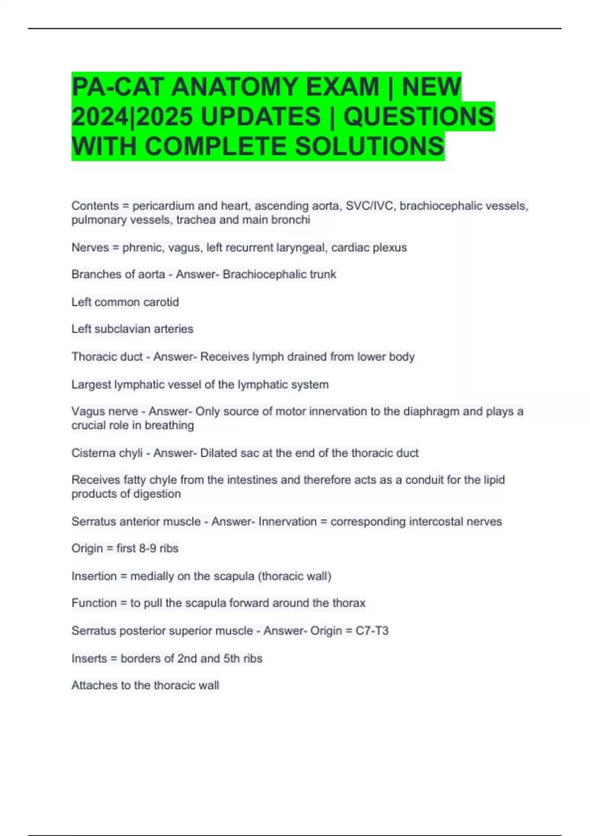 PA-CAT ANATOMY EXAM | NEW 2024|2025 UPDATES | QUESTIONS WITH COMPLETE ...