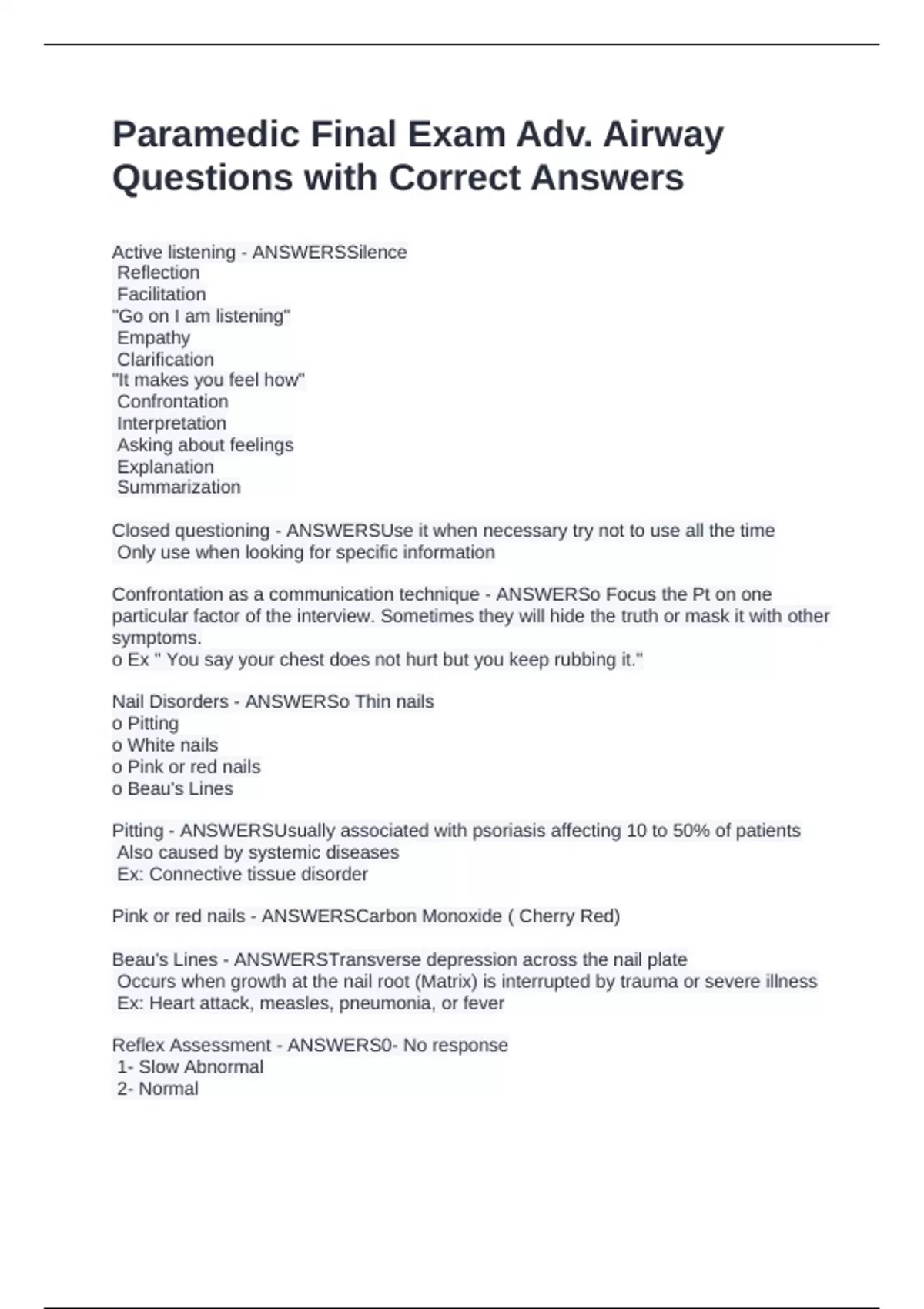 Paramedic Final Exam Adv. Airway Questions with Correct Answers ...