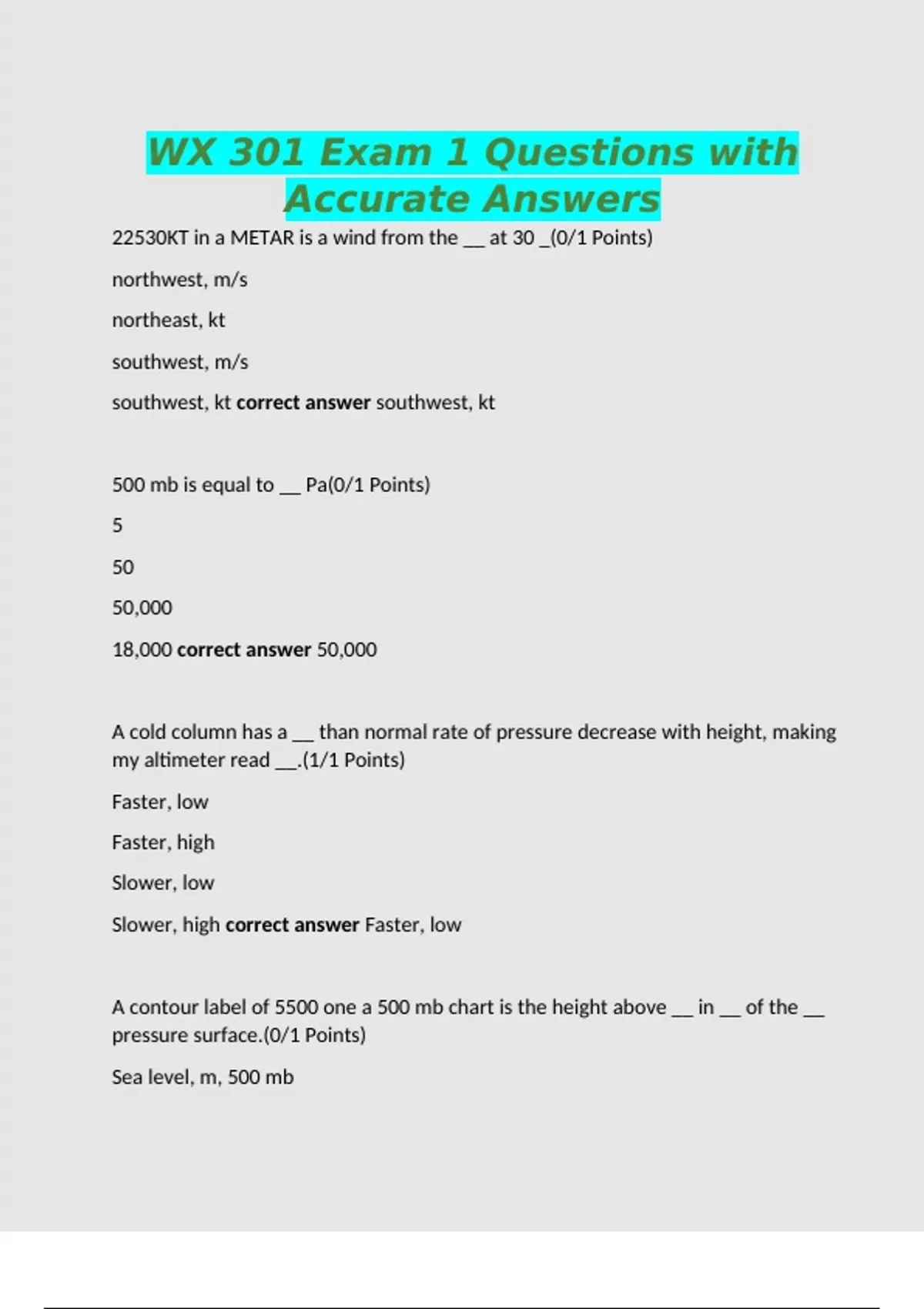 WX 301 Exam 1 Questions with Accurate Answers - Science - Stuvia US
