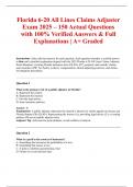 Florida 6-20 All Lines Claims Adjuster Exam 2025 &ndash; 150 Actual Questions with 100&percnt; Verified Answers & Full Explanations &vert; A&plus; Graded