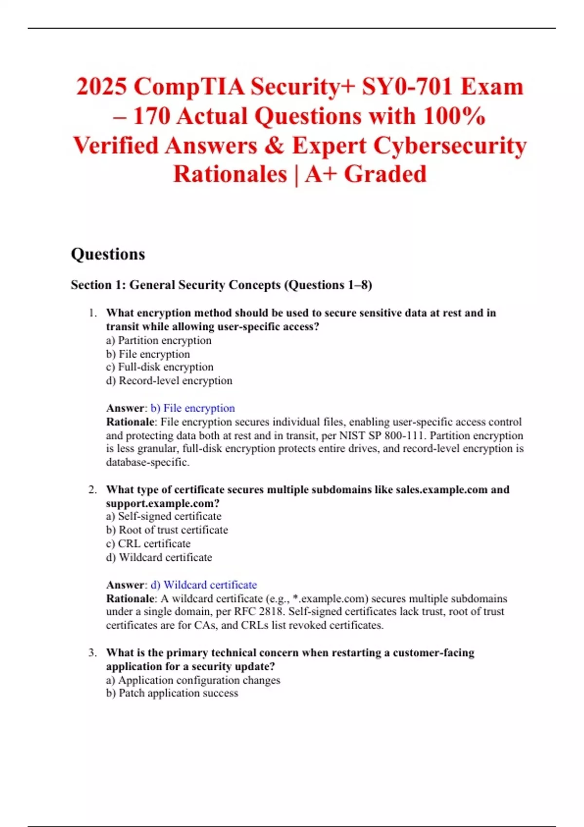2025 CompTIA Security+ SY0-701 Exam – 170 Actual Questions with 100% ...