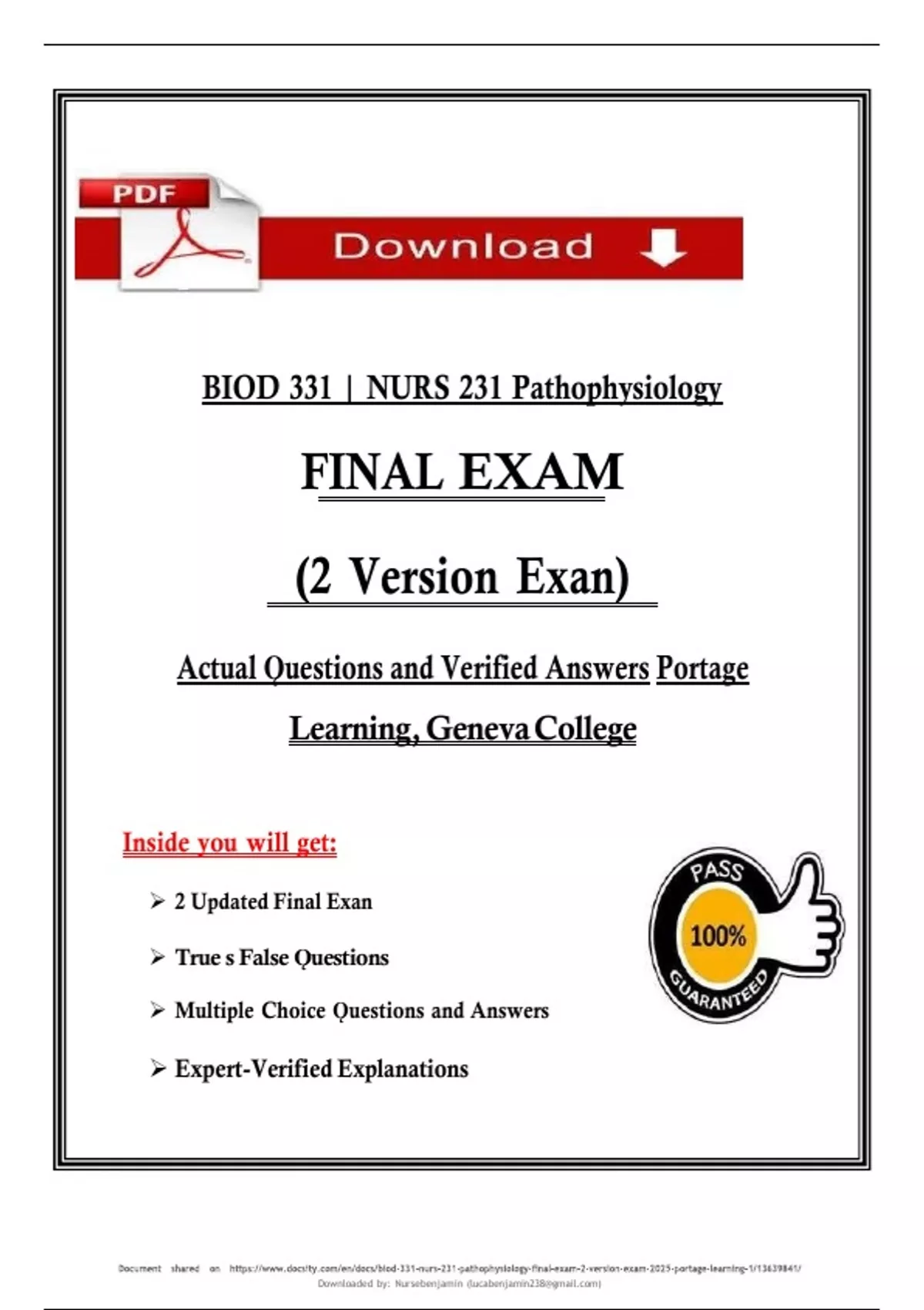 Portage Learning BIOD 331 / NURS 231 Pathophysiology Final Exam 2025 ...