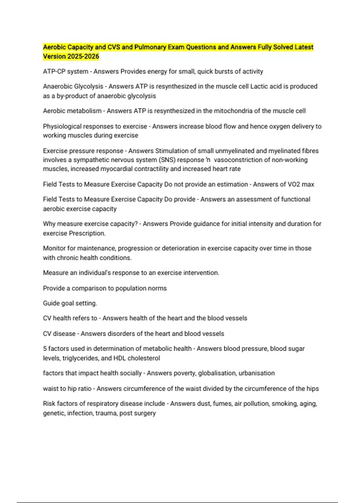 Aerobic Capacity and CVS and Pulmonary Exam Questions and Answers Fully ...