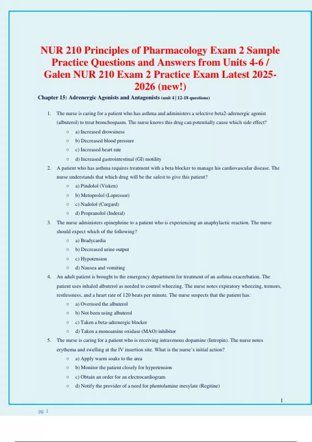 NUR 210 Principles of Pharmacology Exam 2 Sample Practice Questions and ...