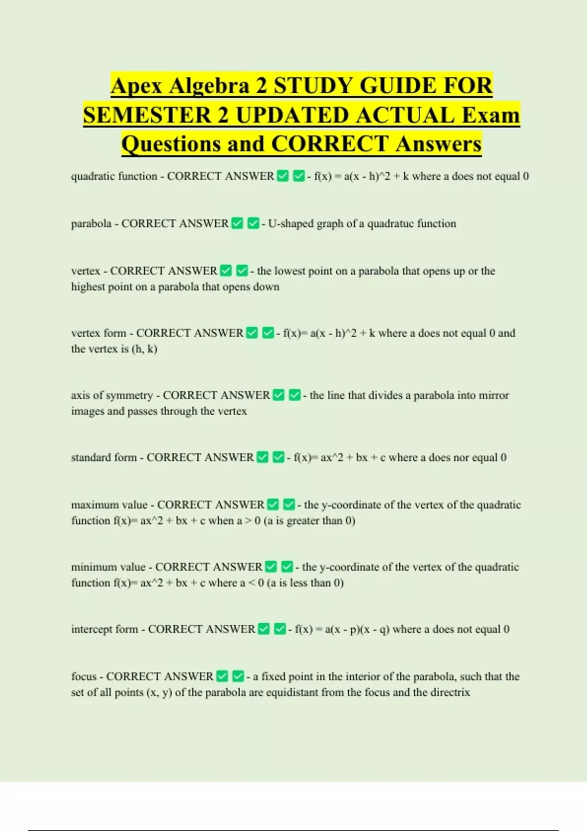 Apex Algebra 2 STUDY GUIDE FOR SEMESTER 2 UPDATED ACTUAL Exam Questions ...