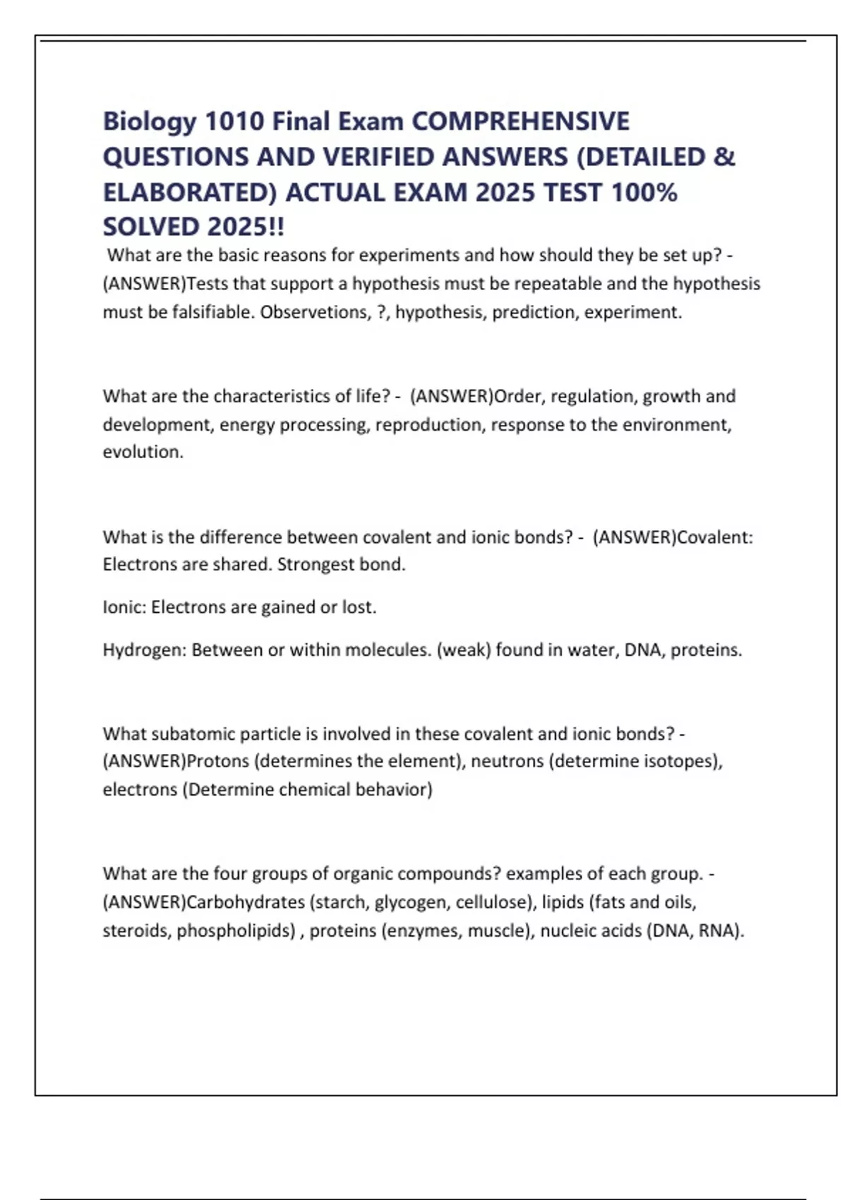 Biology 1010 Final Exam COMPREHENSIVE QUESTIONS AND VERIFIED ANSWERS ...