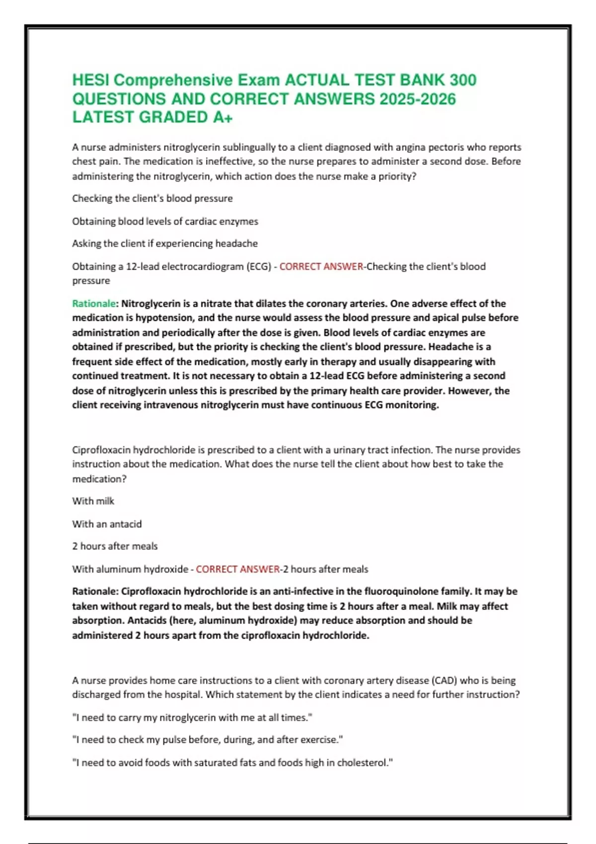 HESI Comprehensive Exam ACTUAL TEST BANK 300 QUESTIONS AND CORRECT ...
