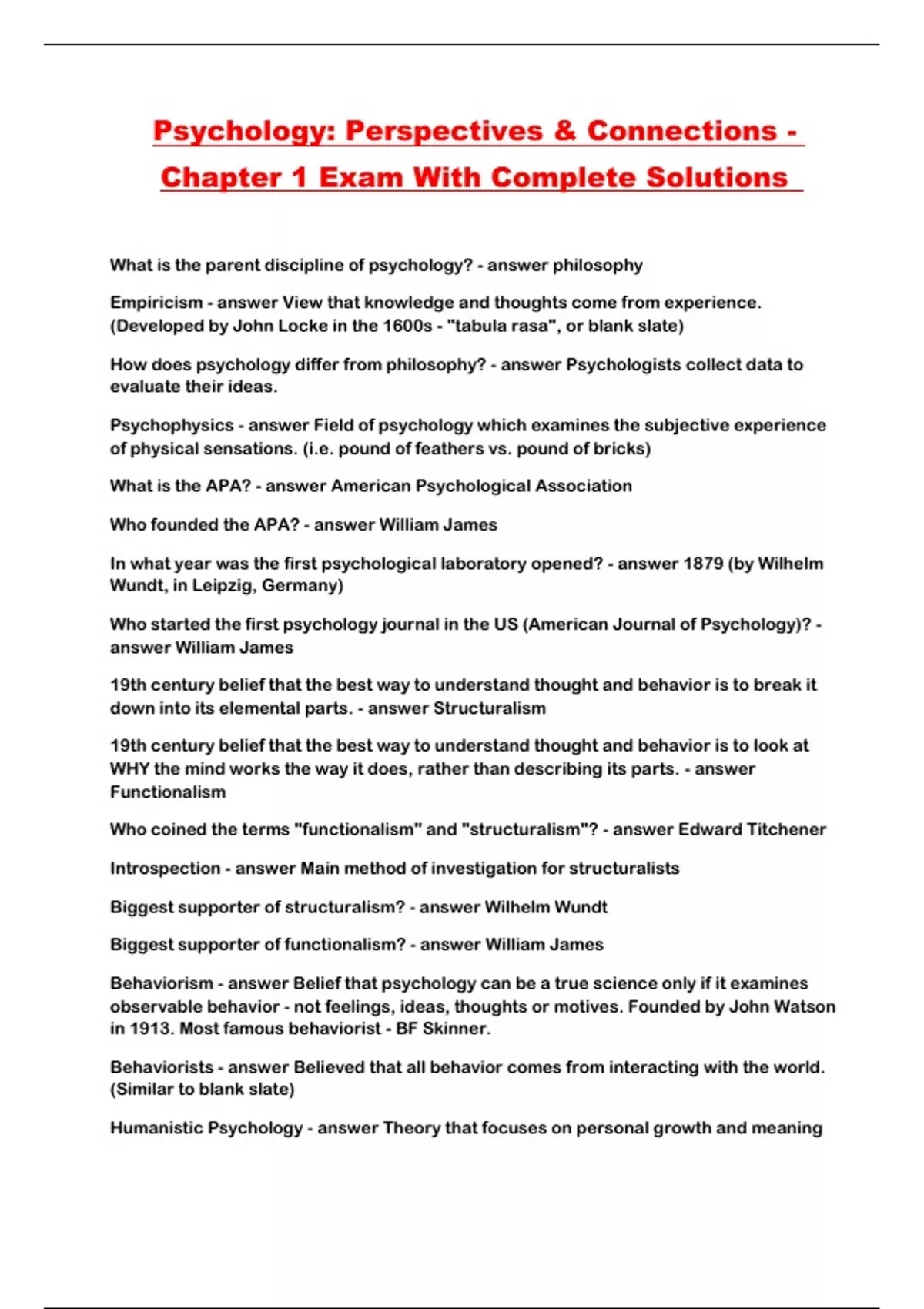 Perspectives Course Psychology: Perspectives & Connections - Chapter 1 Exam With Complete ...