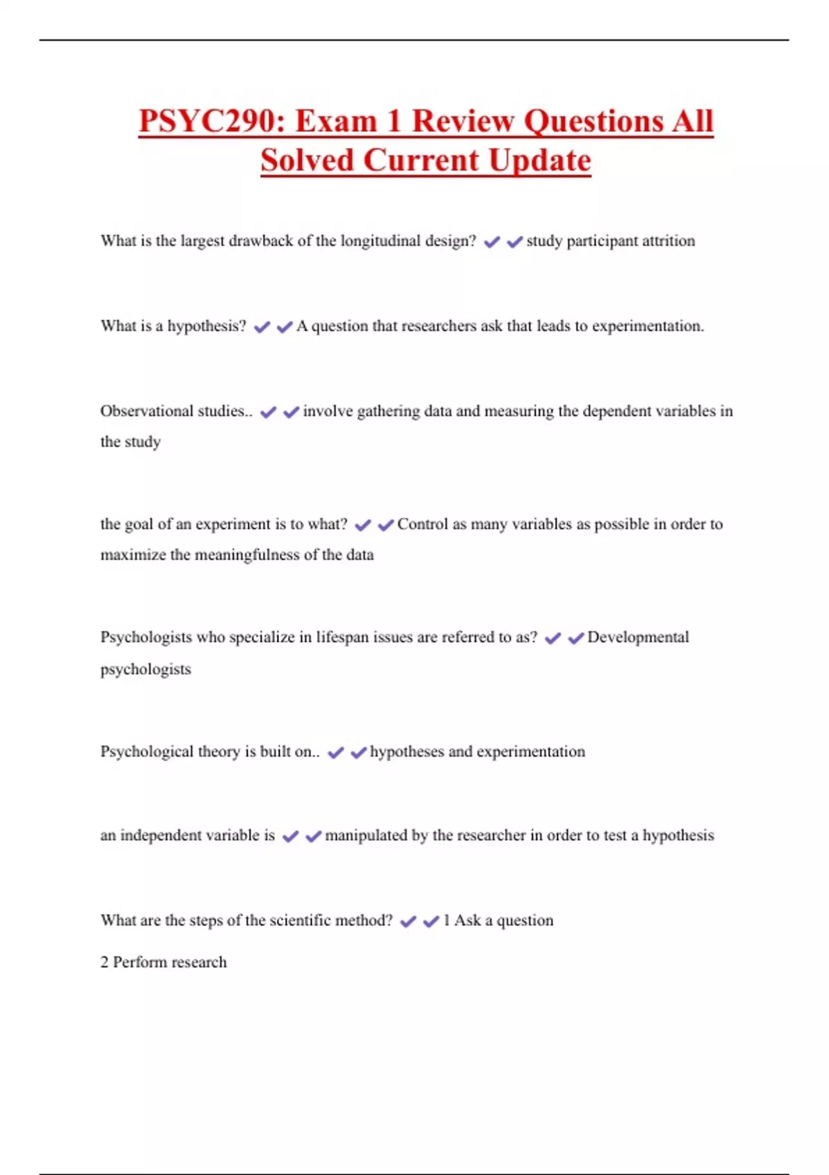 PSYC290: Exam 1 Review Questions All Solved Current Update - Psyc 290 ...