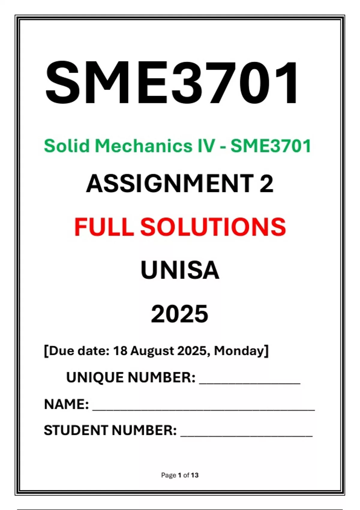 SME3701 Assignment 2 Complete Solutions UNISA 2025 Solid Mechanics IV ...