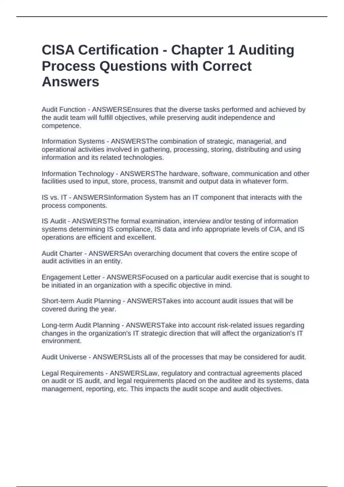 CISA Certification - Chapter 1 Auditing Process Questions with Correct ...