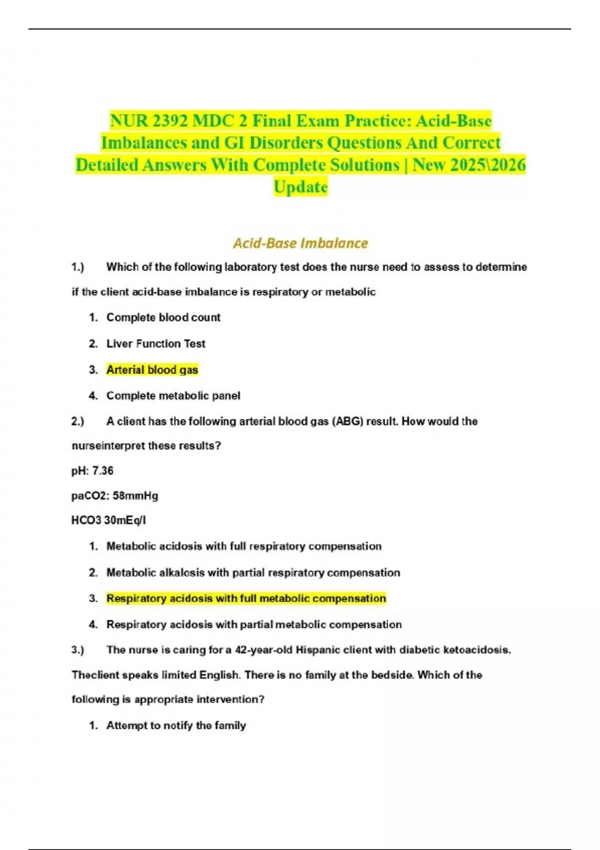 NUR 2392 MDC 2 Final Exam Practice: Acid-Base Imbalances and GI ...