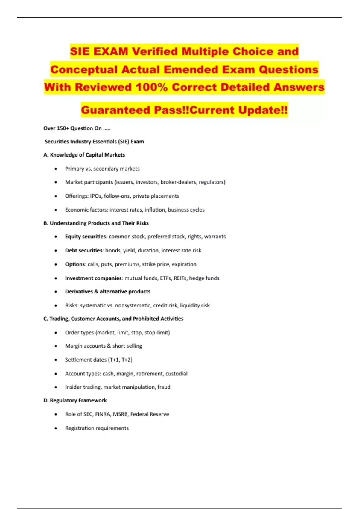 SIE EXAM Verified Multiple Choice and Conceptual Actual Emended Exam ...