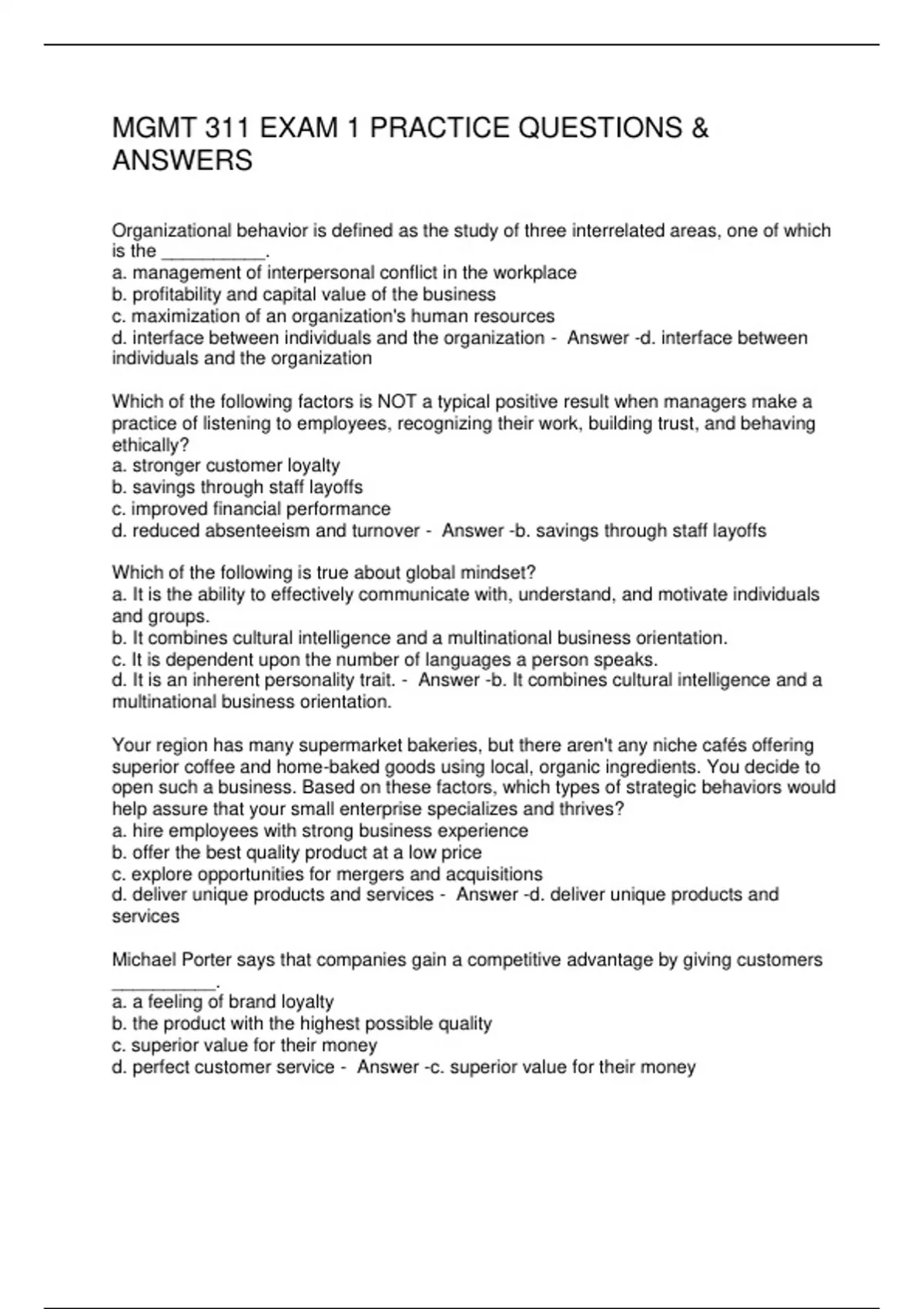 MGMT 311 EXAM 1 PRACTICE QUESTIONS & ANSWERS - MGMT 311 - Stuvia US