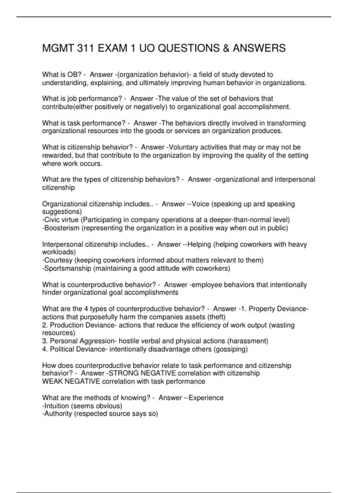 MGMT 311 EXAM 1 UO QUESTIONS & ANSWERS - MGMT 311 - Stuvia US
