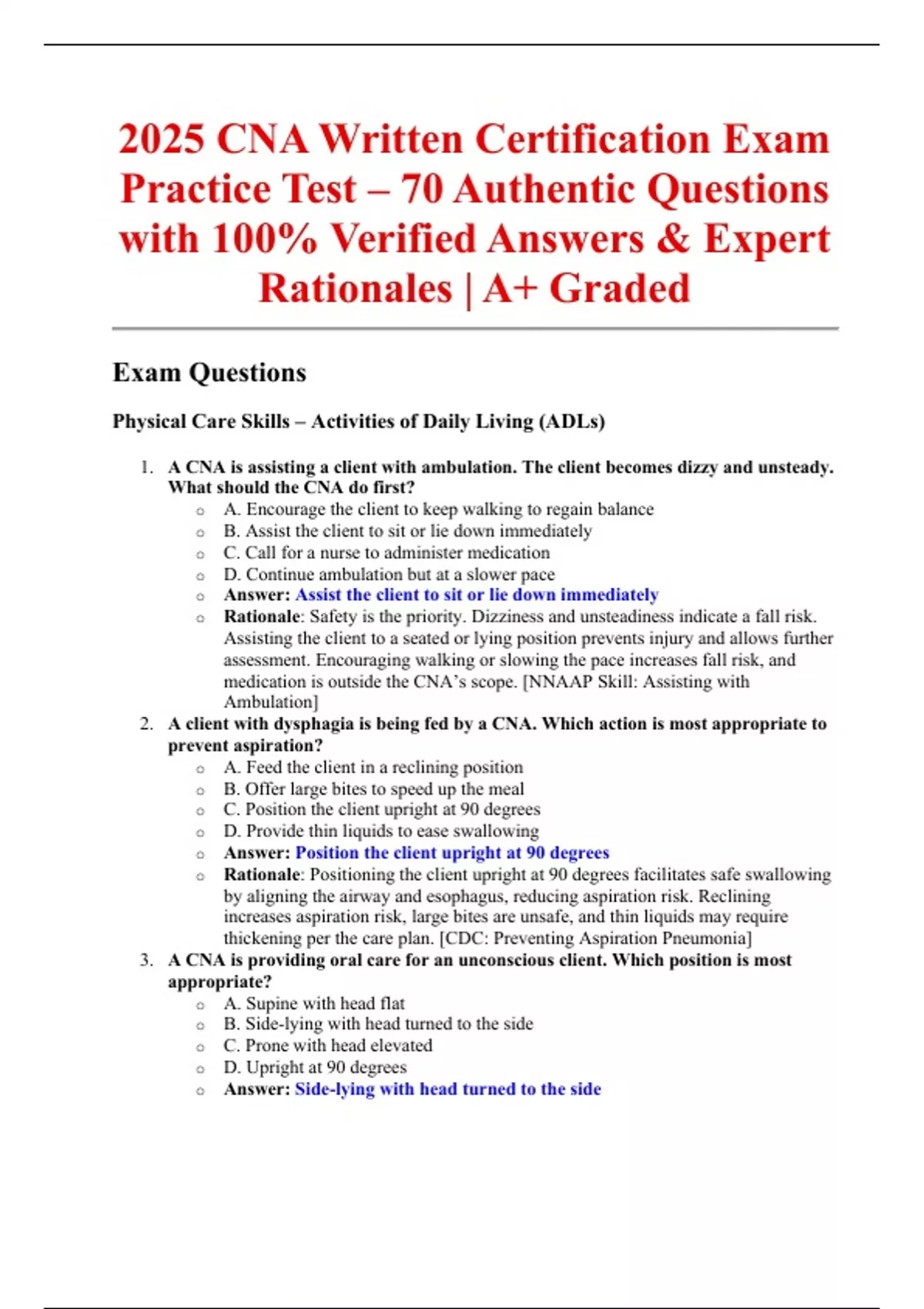 2025 CNA Written Certification Exam Practice Test – 70 Authentic ...