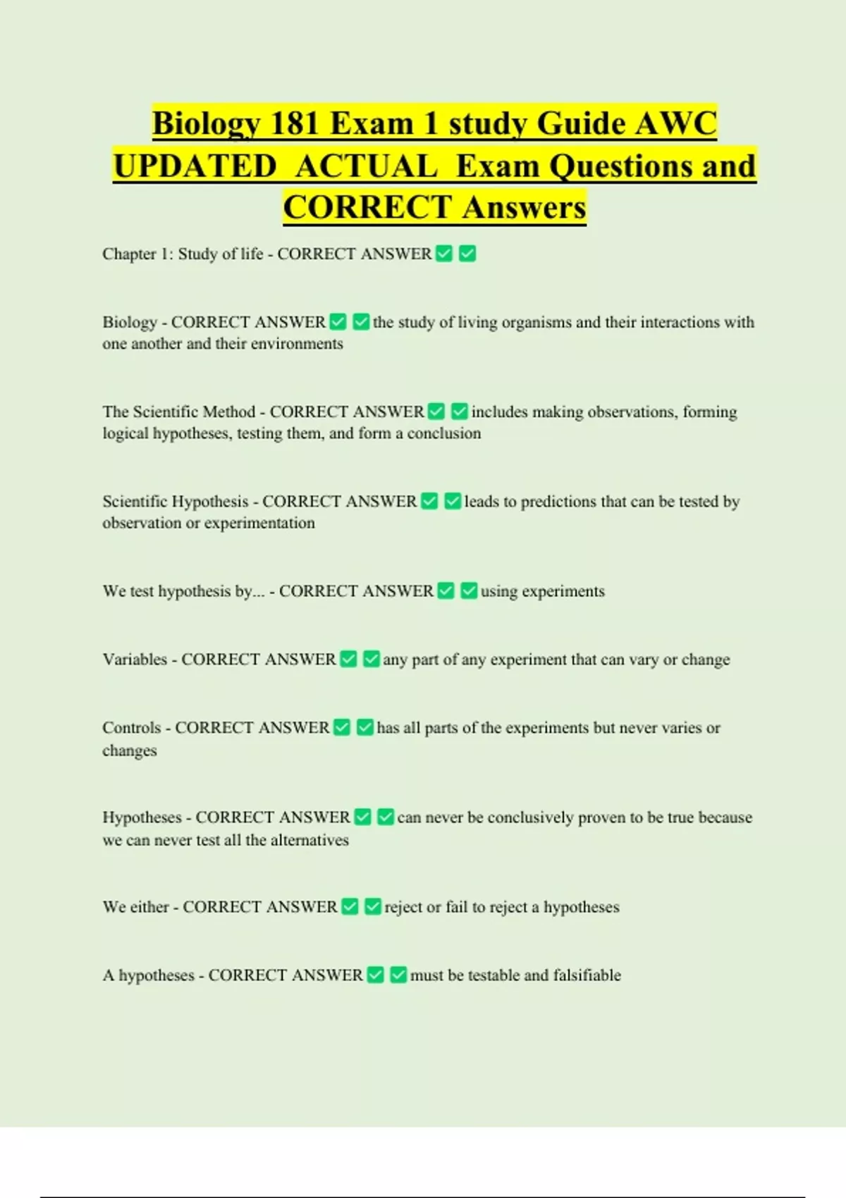 Biology 181 Exam 1 study Guide AWC UPDATED ACTUAL Exam Questions and ...